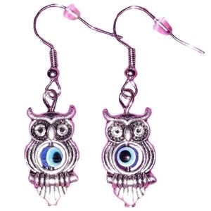 Blue Evil Eye Bead In Stainless Steel Owl Charm Dangle Drop Silver Earrings